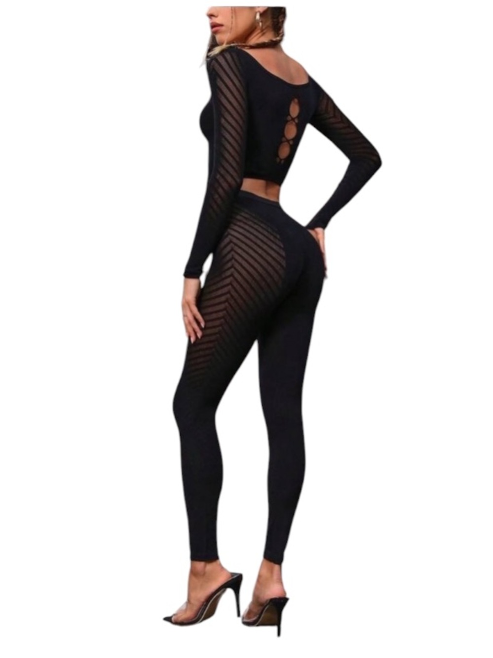 SHEIN Unity Women'S Mesh Spliced Long Sleeve Cropped Top And Pants Set